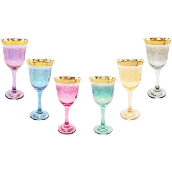Italian Collection Crystal 'Rainbow' Colored Wine Glasses 6 Pc, Vintage Pattern