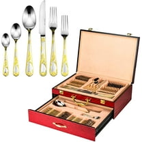 Italian Collection 'Florence' 75-Piece Premium Surgical Stainless Steel Silverware Flatware Set 18/10, Service for 12, 24K Gold-Plated Hostess Serving Set in a Wooden Case