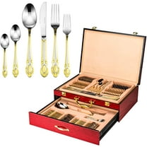 Italian Collection 'Monarch' 75-Piece Premium Surgical Stainless Steel Silverware Flatware Set 18/10, Service for 12, 24K Gold-Plated Hostess Serving Set in a Wooden Case