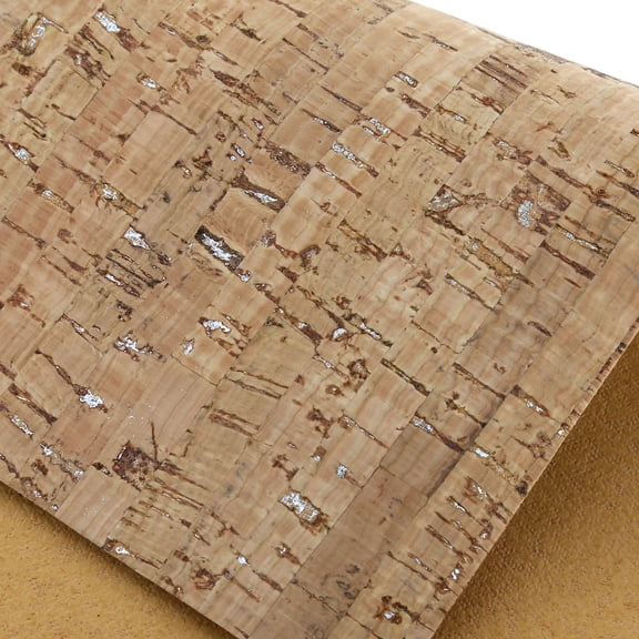 Italian Cork Fabric, Continuous Sheet, Row Pattern, Natural w/ Silver Flecks