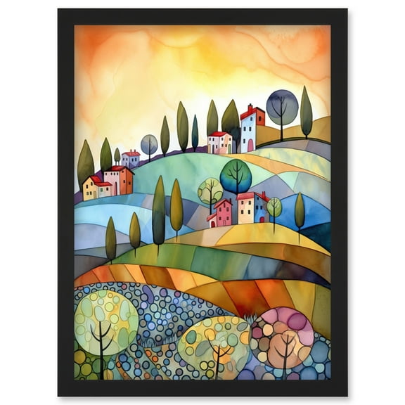 Italian Countryside Midsummer Landscape Folk Art Artwork Framed Wall Art Print A4