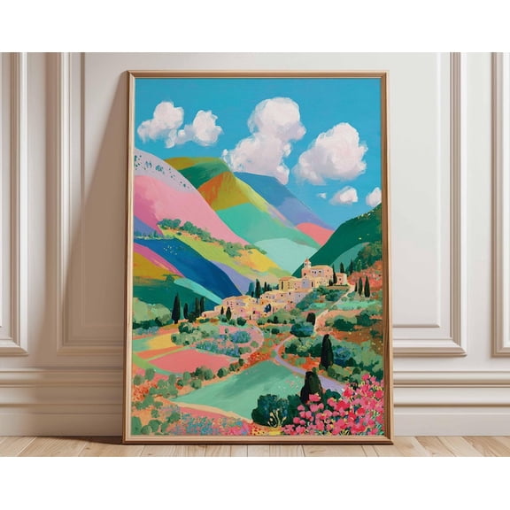 Italian Countryside Tuscany Hill Colorful Landscape Wall Art Print, Unframed Paper Poster 8x10in