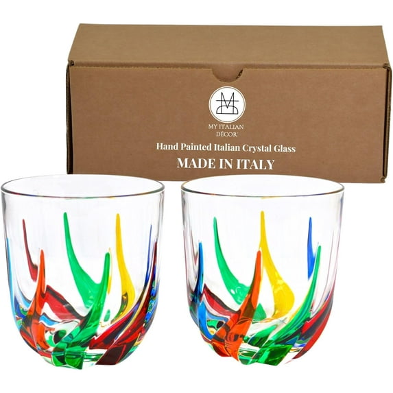 Italian Crystal Whiskey Glass Set of 2, Trix, 12 oz Glass Thick Bottom Bourbon Glasses Old Fashioned Rocks Glasses Tumbler for Scotch, Cocktail, Liquor, Home Bar Whiskey Gifts for Men - Made in Italy