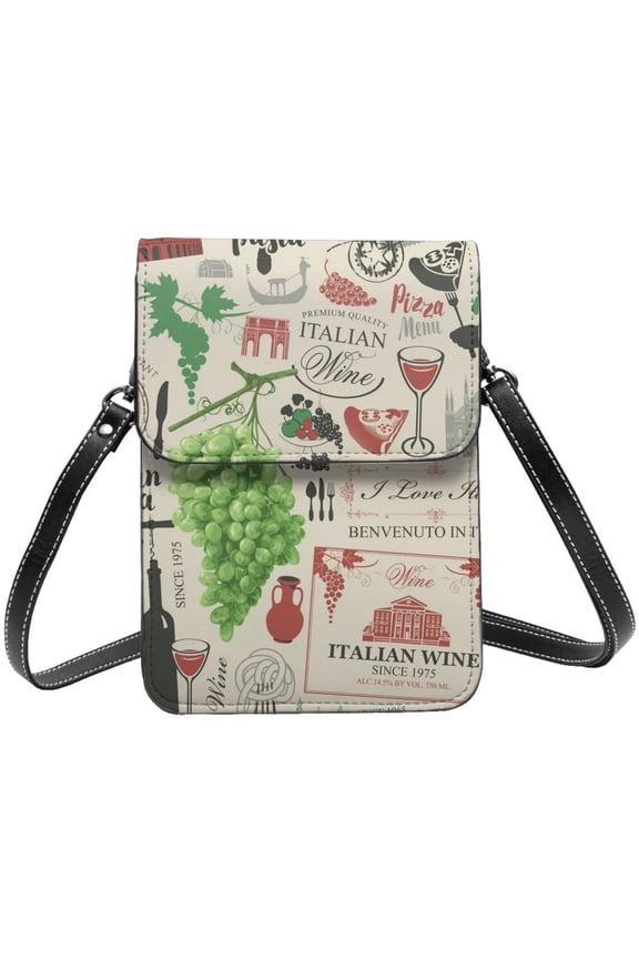 Italian Cuisine Italy VintageFood Wine Cafe Italy Bar European Europe Cell Phone Purse Small Crossbody Bag with Strap Credit Card Slots Leather Shoulder Wallet for Women