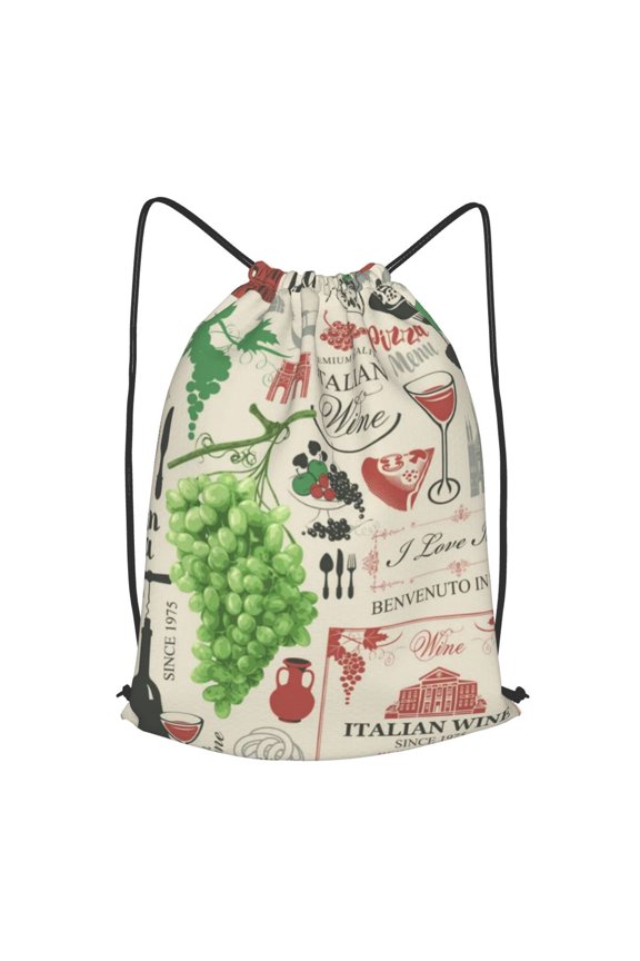 Italian Cuisine Italy VintageFood Wine Cafe Italy Bar European Europe Drawstring Backpack Gym String Bag Sports Sackpack Cinch Sack, Small