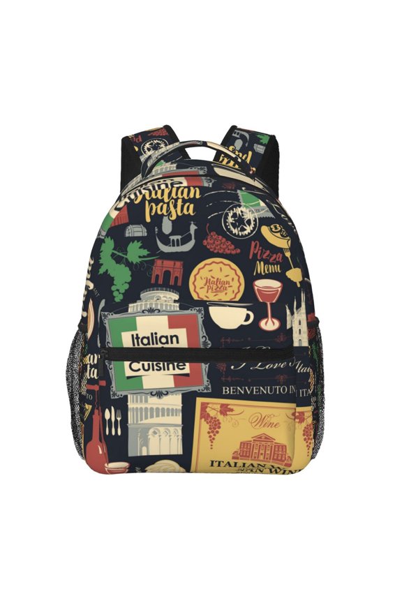 Italian Cuisine Pasta Wine Pizza Retro Backpack Casual College Bag Zipper Laptop Daypack Hiking Rucksack Travel