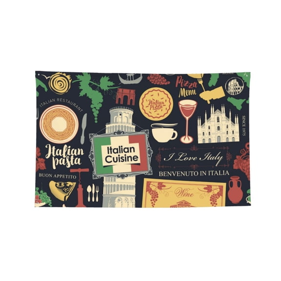 Italian Cuisine Pasta Wine Pizza Retro Four Hole Decorated Banner Flag for Garden Yard Home Decoration Indoor Outdoor 2x3 Ft