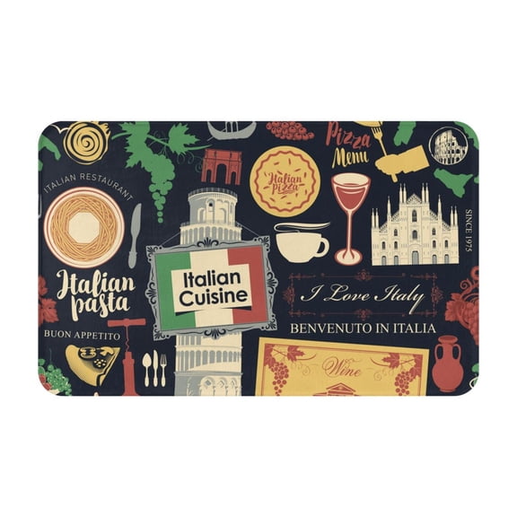 Italian Cuisine Pasta Wine Pizza Retro Front Door Mat Doormat Non Slip Bath Mats 20x31.5 Inch Bathroom Rug Entryway Carpet