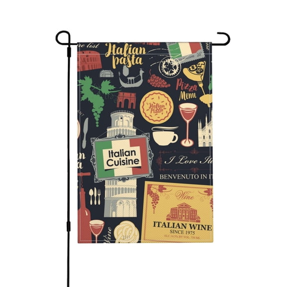 Italian Cuisine Pasta Wine Pizza Retro Garden Flag Outdoor House Flags 12 X 18 Inch Banner Yard Home Decoration