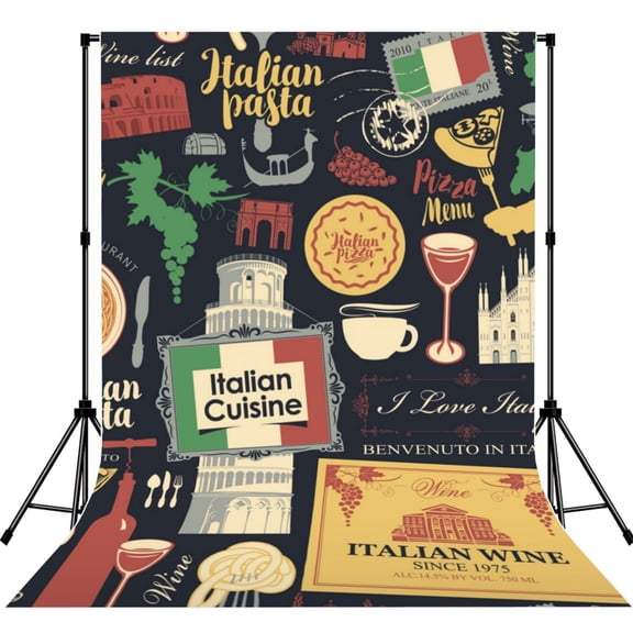 Italian Cuisine Pasta Wine Pizza Retro Photography Backdrop 5x7Ft Background for Photo Studio Video Recording Birthday Party Wedding Home Decor