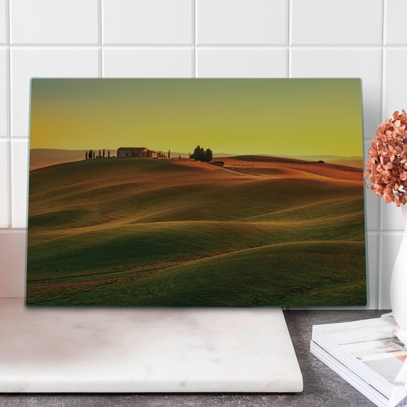 Italian Cutting Board, Rural Landscape of European Mediterranean Old House in Countryside Farm Print Art, Decorative Tempered Glass Cutting and Serving Board, Large Size, Orange White, by Ambesonne