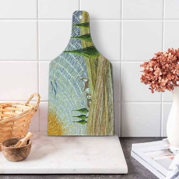 Italian Cutting Board, Van Gogh Style Italy Valley Rural Fields European Scenery Painting Print, Decorative Tempered Glass Cutting and Serving Board, Wine Bottle Shape, Multicolor, by Ambesonne
