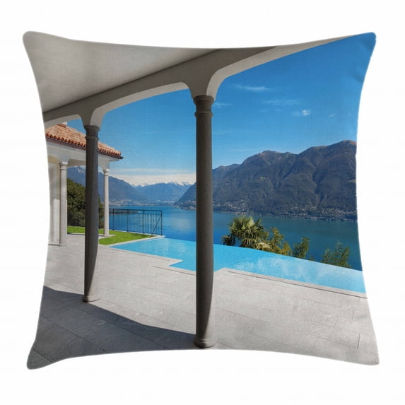 Italian Decor Throw Pillow Cushion Cover, Lake Maggiore View From the Terrace Balcony of House with Pool, Decorative Square Accent Pillow Case, 24 X 24 Inches, Turquoise Grey and White, by Ambesonne