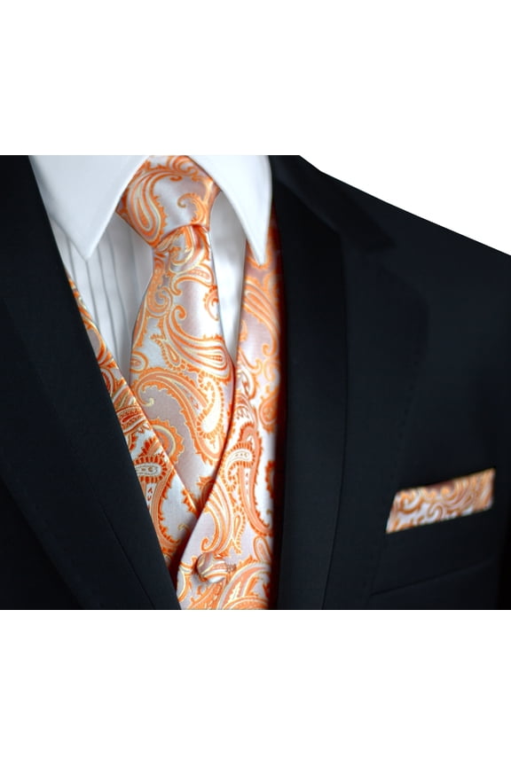 Italian Design, Men's Formal Tuxedo Vest, Tie & Hankie Set for Prom, Wedding, Cruise in Tangerine Paisley