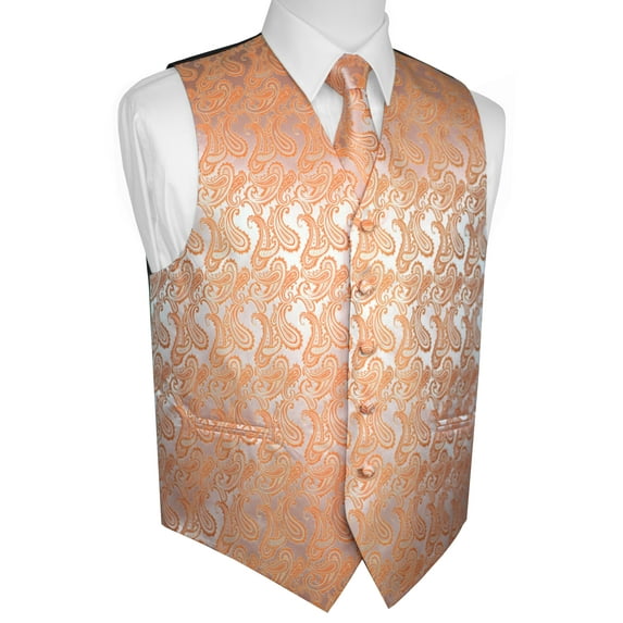 Italian Design, Men's Tuxedo Vest, Tie & Hankie Set - Tangerine Paisley
