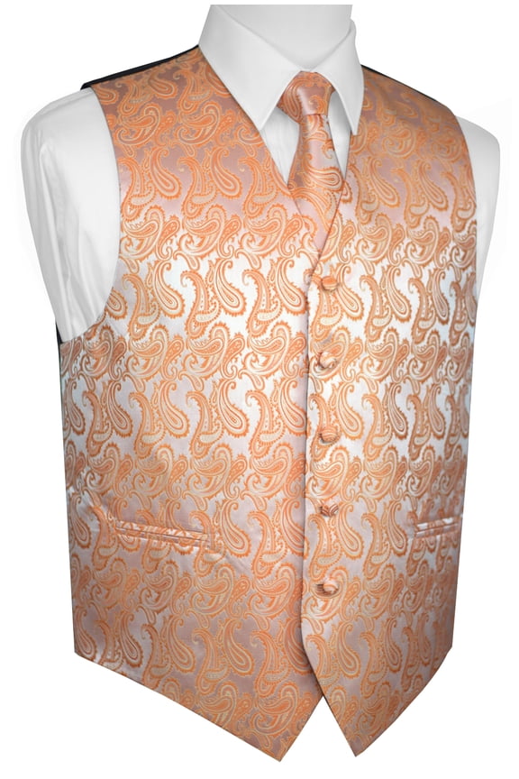 Italian Design, Men's Tuxedo Vest, Tie & Hankie Set - Tangerine Paisley