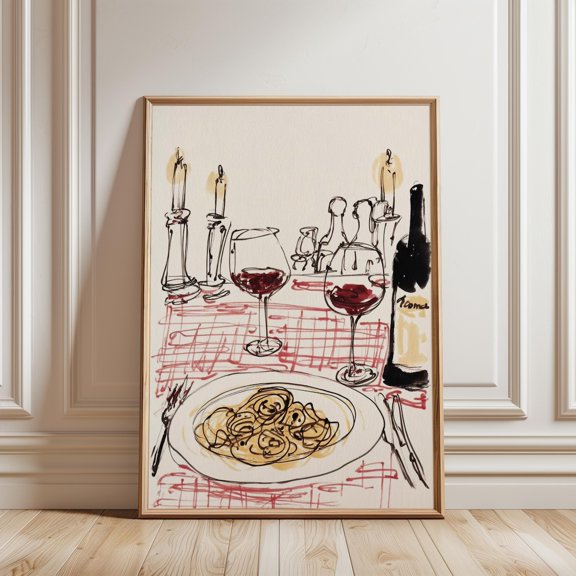 Italian Dinner Scene Food Illustration Sketch Kitchen Home Art Decor, Unframed Paper Poster 8x10in