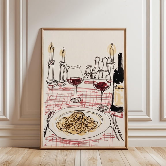 Italian Dinner Scene Poster Sketch Food Illustration Print 2