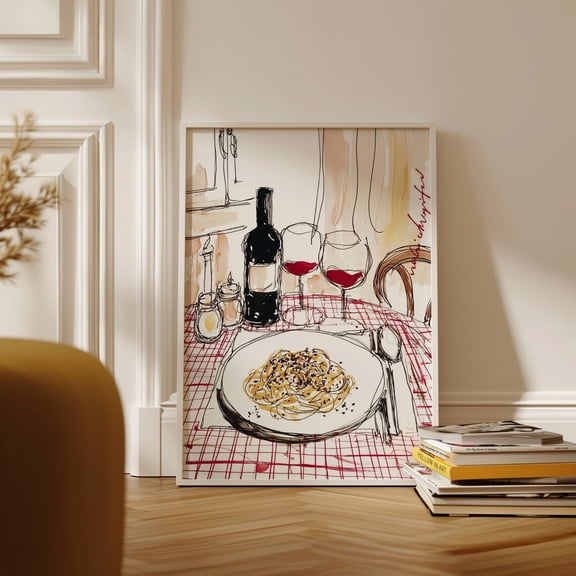 Italian Dinner Scene Sketch Food Illustration Kitchen Wall Art Print, Unframed Paper Poster 8x10in