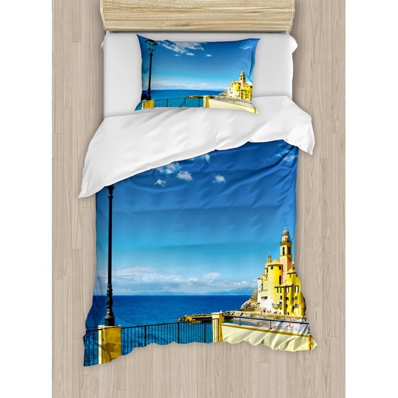 Italian Duvet Cover Set, Camogli Building Sea Lamp and Balcony Tourist Spot in Ligury Italy Print, Decorative 2 Piece Bedding Set with 1 Pillow Shams, Twin Size, Blue White and Yellow, by Ambesonne