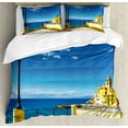 thumbnail image 1 of Italian Duvet Cover Set, Camogli Building Sea Lamp and Balcony Tourist Spot in Ligury Italy Print, Decorative 3 Piece Bedding Set with 2 Pillow Shams, Calking Size, Blue White and Yellow, by Ambesonne, 1 of 3