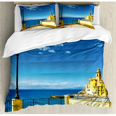 Italian Duvet Cover Set, Camogli Building Sea Lamp and Balcony Tourist Spot in Ligury Italy Print, Decorative 3 Piece Bedding Set with 2 Pillow Shams, Queen Size, Blue White and Yellow, by Ambesonne