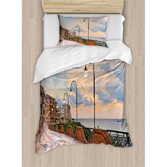 Italian Duvet Cover Set, Dawn at Ortona Abruzzo Italy Terrace View on the Adriatic Sea Print, Decorative 2 Piece Bedding Set with 1 Pillow Shams, Twin Size, Pale Caramel and White, by Ambesonne