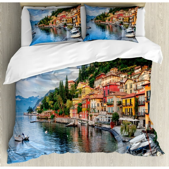 Italian Duvet Cover Set Queen Size, Summer Village by the Mediterranean Sea with Yacht Boats Idyllic Town Panorama, Decorative 3 Piece Bedding Set with 2 Pillow Shams, Multicolor, by Ambesonne