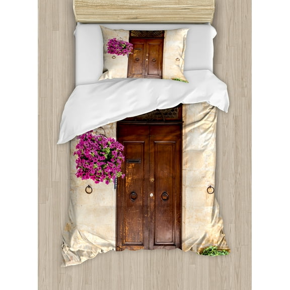 Italian Duvet Cover Set, Rusty Wood Door Flowers in Italy Town Nostalgic Building, Decorative 2 Piece Bedding Set with 1 Pillow Shams, Twin Size, Cream Lilac Brown, by Ambesonne