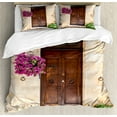 thumbnail image 1 of Italian Duvet Cover Set, Rusty Wood Door Flowers in Italy Town Nostalgic Building, Decorative 3 Piece Bedding Set with 2 Pillow Shams, King Size, Cream Lilac Brown, by Ambesonne, 1 of 3