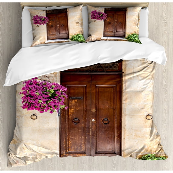 Italian Duvet Cover Set, Rusty Wood Door Flowers in Italy Town Nostalgic Building, Decorative 3 Piece Bedding Set with 2 Pillow Shams, King Size, Cream Lilac Brown, by Ambesonne