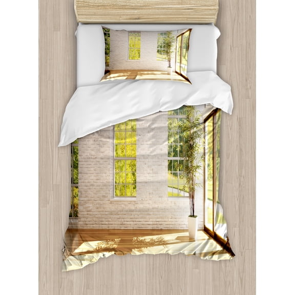 Italian Duvet Cover Set, Summer Town House in Spring Vivid Garden Sunny Sky Art Print, Decorative 2 Piece Bedding Set with 1 Pillow Shams, Twin Size, Pale Caramel White, by Ambesonne