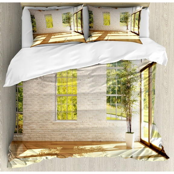 Italian Duvet Cover Set, Summer Town House in Spring Vivid Garden Sunny Sky Art Print, Decorative 3 Piece Bedding Set with 2 Pillow Shams, Queen Size, Pale Caramel White, by Ambesonne