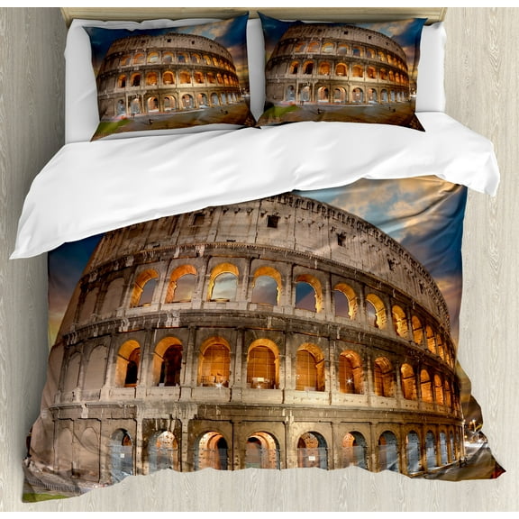 Italian Duvet Cover Set, View of Colosseum Under the Autumn Sunset in Rome Italian Landmark Historical Print, Decorative 3 Piece Bedding Set with 2 Pillow Shams, King Size, Blue Tan, by Ambesonne