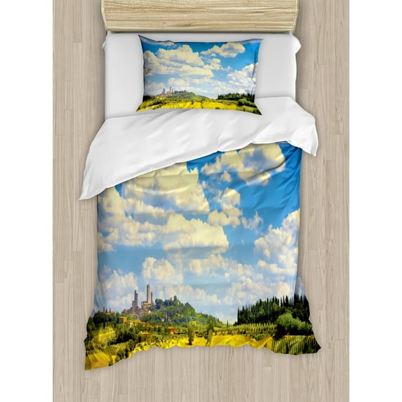 Italian Duvet Cover Sets, Old Italian Village Scenery Meadows and Clouds Mediterranean Rural Print, Bedding Set 2 Duvet Covers & 2 Pillowcases, 2 Pack Twin Size, Green Blue White, by Ambesonne