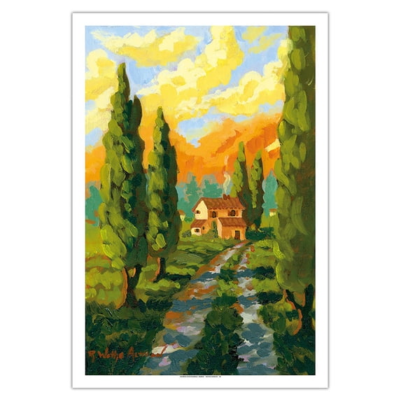 Italian Earth - Italy - Italian Villa Cypress Trees - From an Original Watercolor Painting by Robin Wethe Altman - Fine Art Matte Paper Print (Unframed) 30x44in