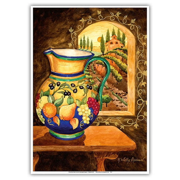 Italian Earth Vase - Tuscany Italy - Italian Villa Vineyards - From an Original Watercolor Painting by Robin Wethe Altman - Master Art Print 10in x 14in