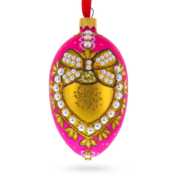 Italian Fashion House Pearl Buckle on Pink Glass Egg Christmas Ornament 4 Inches