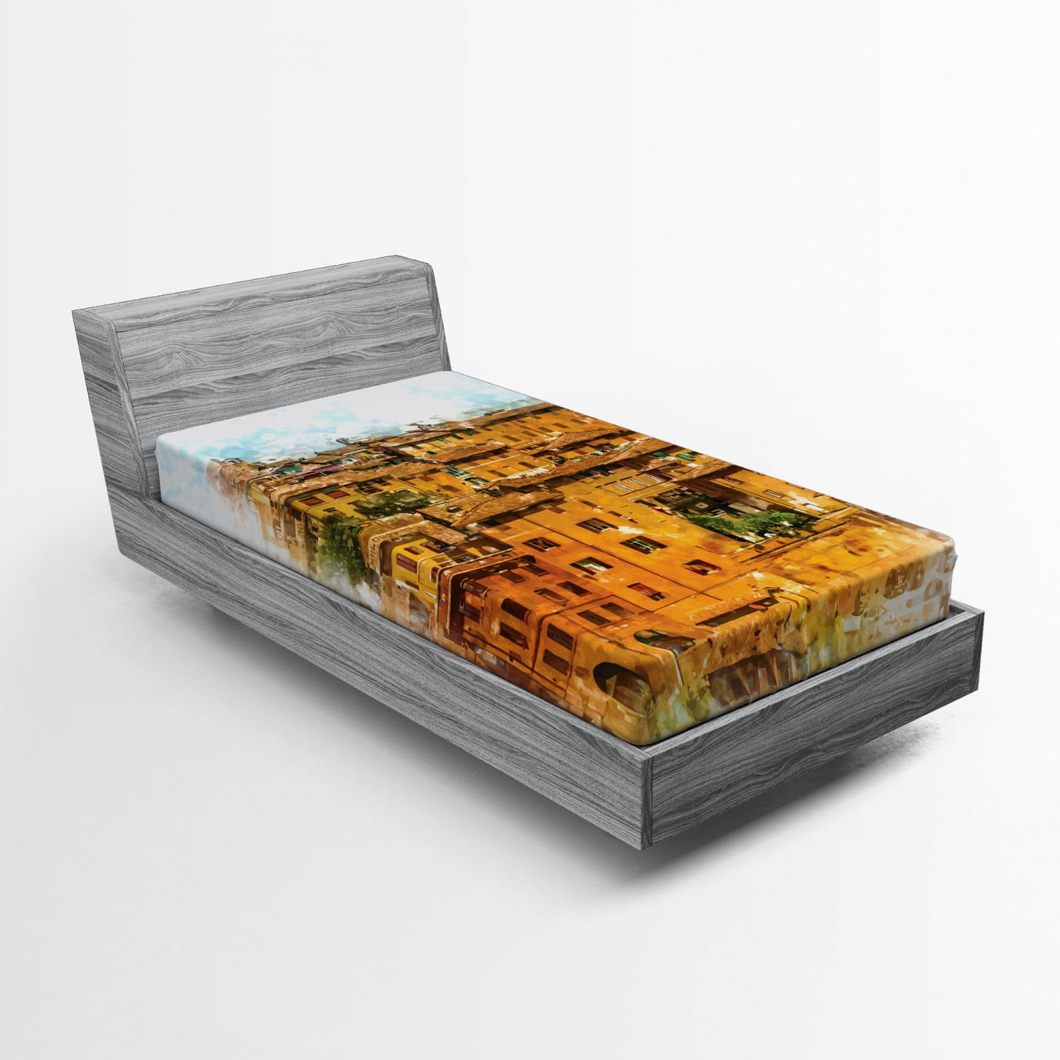 Ambesonne Retro Fitted Sheet, Historic Italian Town, Twin Size, Orange White