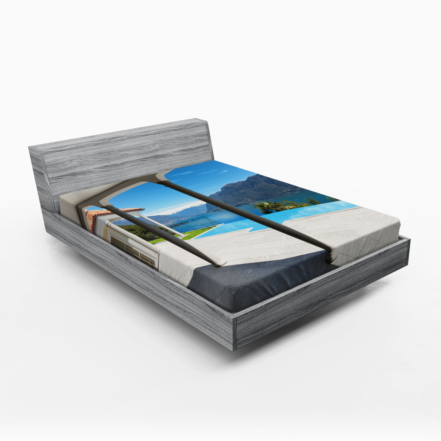 Italian Fitted Sheet, Lake Maggiore View from the Terrace Balcony of House with Pool Art, Soft