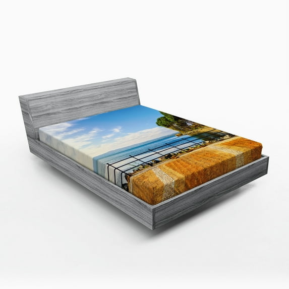 Ambesonne Italian Fitted Sheet, Bolsena Lake Italy View, Full Size, Blue and Pale Brown