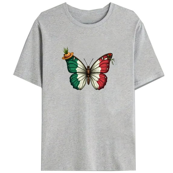 Italian Flag Butterfly Graphic Tee, Women's T-Shirt with Colored Design, Comfortable Casual Top ,Classic,cotton,gray,S-3XL