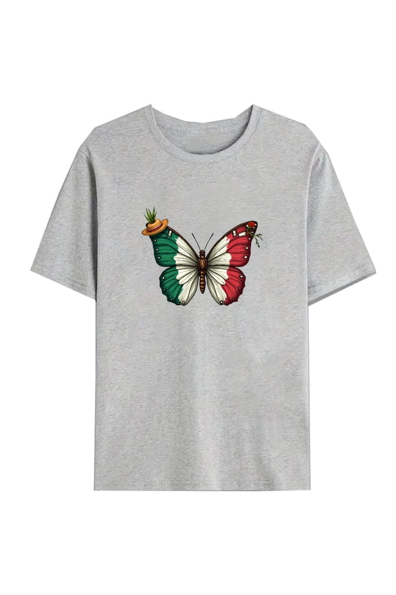 Italian Flag Butterfly Graphic Tee, Women's T-Shirt with Colored Design, Comfortable Casual Top ,Classic,cotton,gray,S-3XL