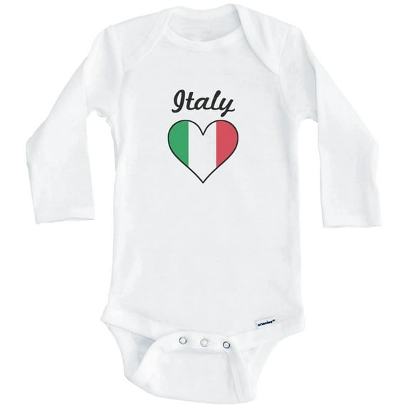 Italian Flag Heart Italy One Piece Baby Bodysuit (Long Sleeve), 3-6 Months White
