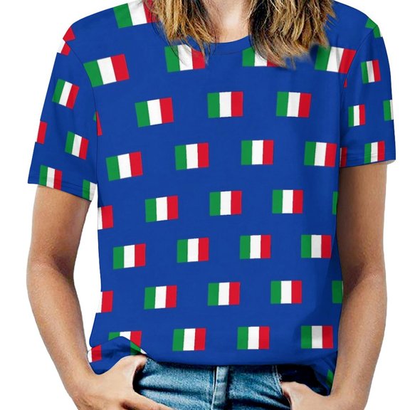 Italian Flag Pattern Blue Women's Short Sleeve T-Shirt Crew Neck Casual Summer Trendy Loose Fit Tops