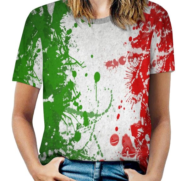 Italian Flag Splatter Art Womens Tops Women's Fashion Casual Short Sleeve Flower Print Round Neck Pullover Top Blouse