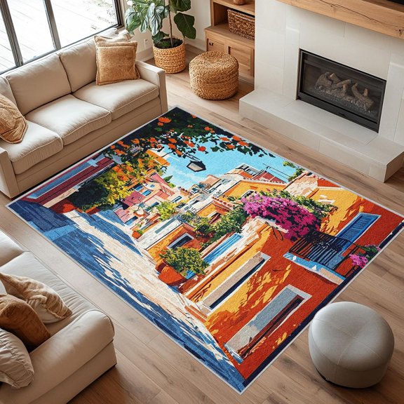 Italian Floral Area Rugs, Vintage Mediterranean Rustic Carpet, Washable Non Slip Low Pile Soft Rug for Bedroom Living Room Decor Mat 2x3ft