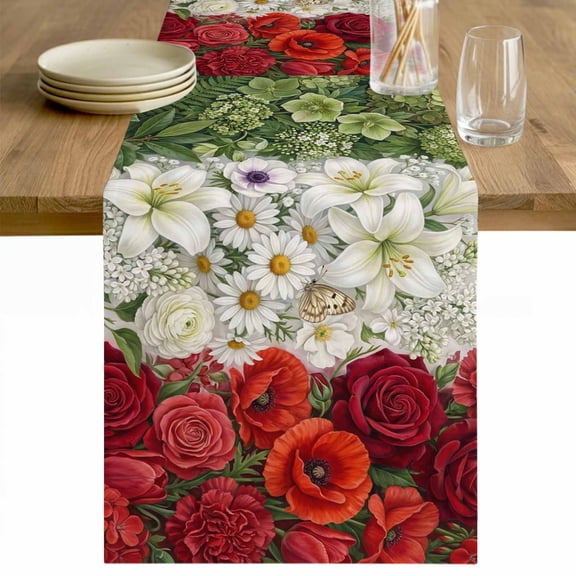 Italian Floral Table Runner - 36 Inch Long Spring Summer Flowers Botanical Cotton and Linen Blended Dress Scarves Farmhouse Table Runner for Kitchen Dining, Coffee Table, 13" x 36"
