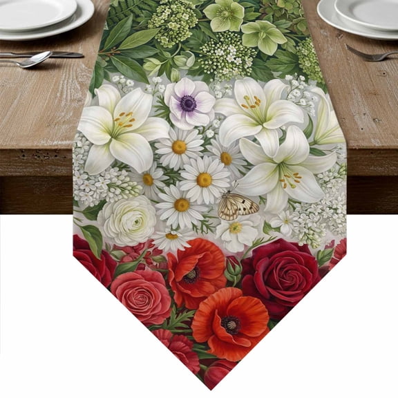 Italian Floral Table Runner Linen Burlap Table Runner 120 Inches Long Spring Summer Flowers Botanical Dresser Scarves for Kitchen Island Coffee Dining Room Party Wedding Holiday Decor 13"x120"