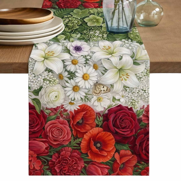 Italian Floral Table Runner, Spring Summer Flowers Botanical Washable Cotton Linen Table Runners 36 Inches Long, Dresser Scarf Runner for Nightstand/End Tables/Round Tables 13''x36''